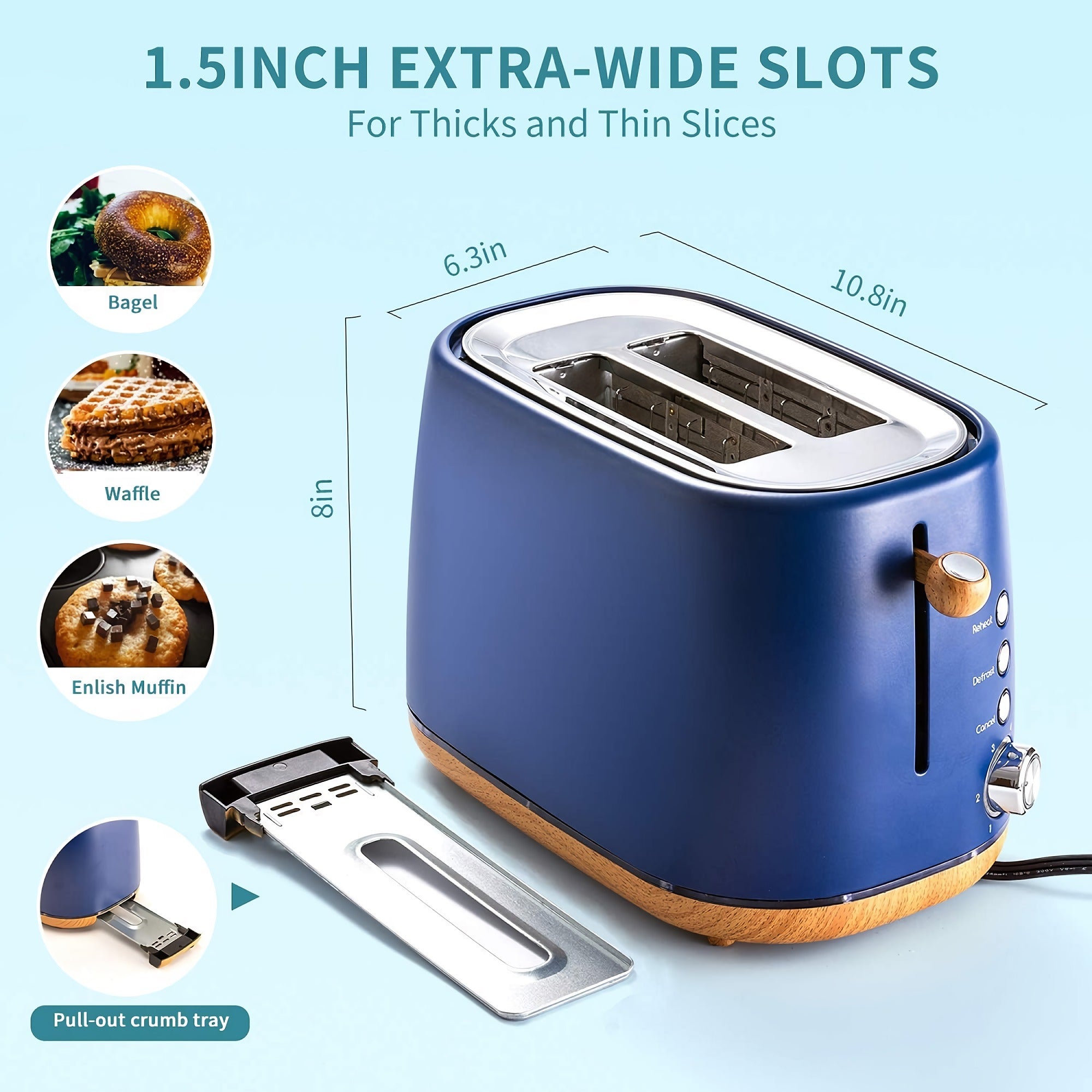 2-Slice Toaster Oven, Stainless Stee Wide Slot Toaster with Removable Crumb Tray, 6 Settings, Reheat, Defrost, Cancel Bread Function (Blue) - YK-688H 2-Slice Toaster Oven, Stainless Stee Wide Slot Toaster with Removable Crumb Tray, 6 Settings, Reheat, Defrost, Cancel Bread Function (Blue) - YK-688H